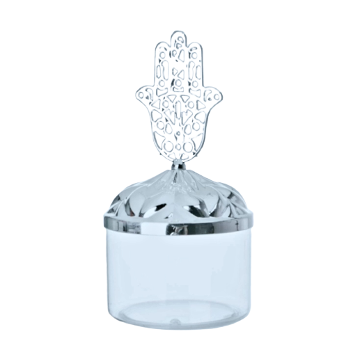 קופסת פלסטיק לחינה עם מכסה חמסה צבע כסף