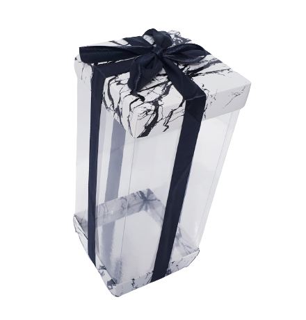 קופסת PVC שקופה עם סרט סאטן צבע שיש לבן 11×11×24 ס"מ