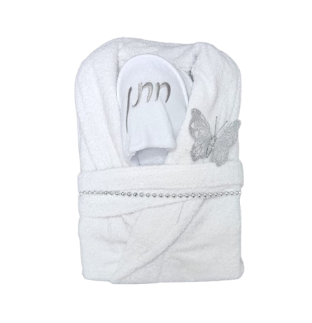 חלוק מגבת לבן חלק וכפכפים עם רקמת חתן בכסף מידות שונות לבחירה